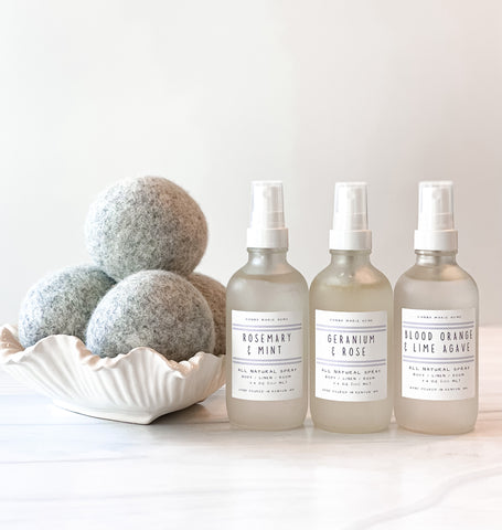 Laundry Set | Eco Wool Dryer Balls | Natural Fragrance Spray | Blood Orange | Rosemary Mint | Geranium Rose